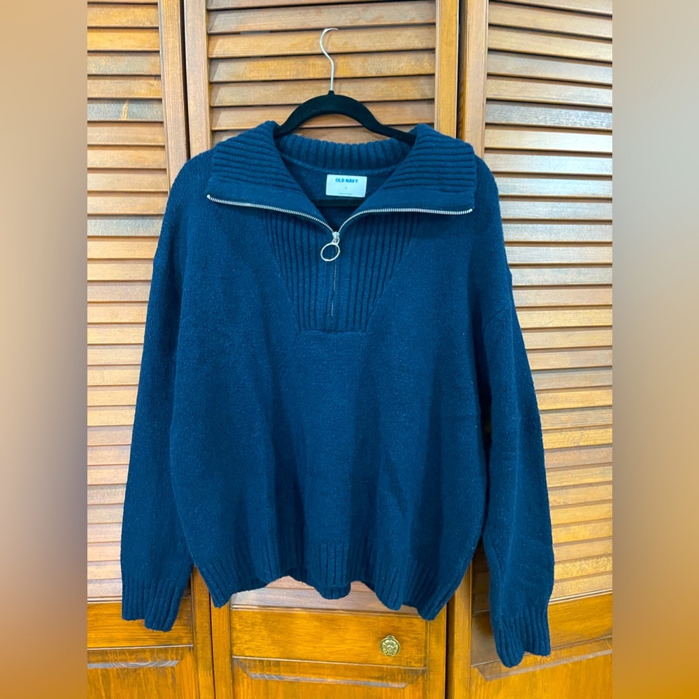 Navy blue half zip knit sweater